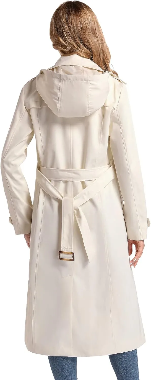 Women's Waterproof Long Trench Coat Double Breasted Length Classic Lapel Belt Coat With Removable Hood