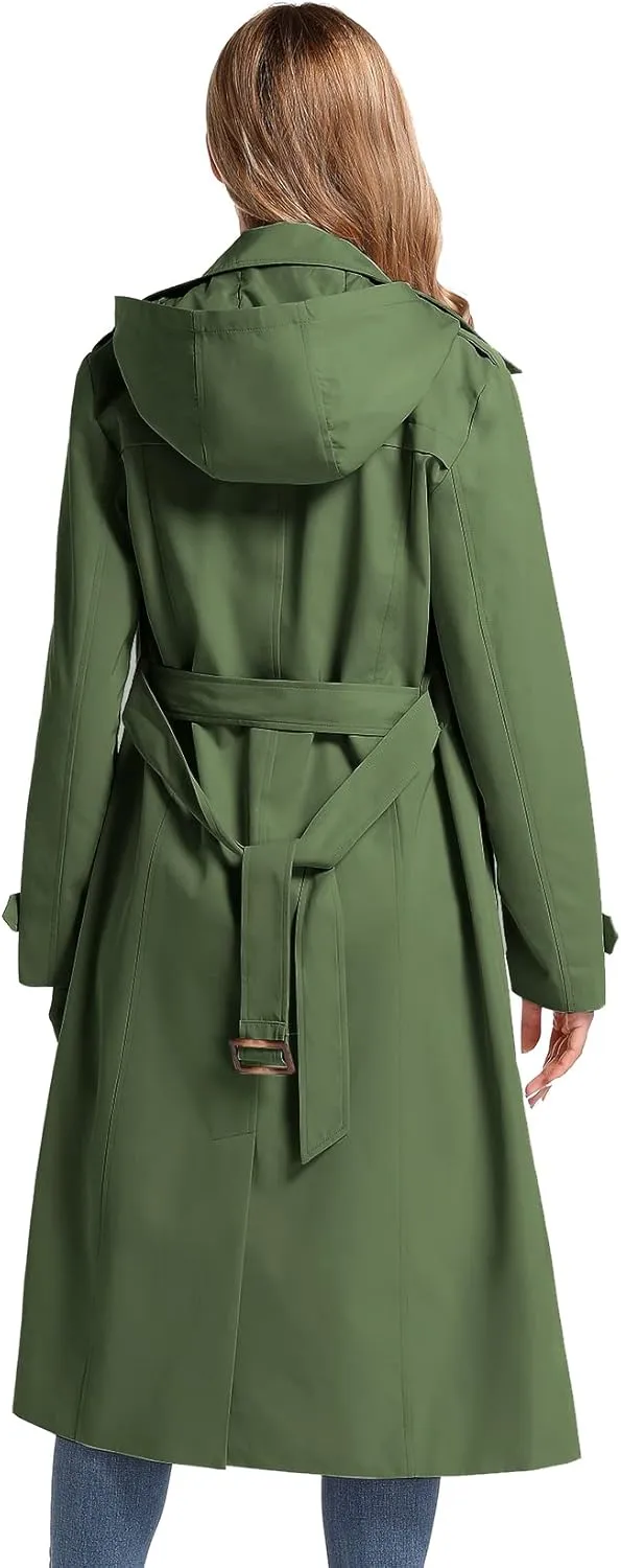 Women's Waterproof Long Trench Coat Double Breasted Length Classic Lapel Belt Coat With Removable Hood