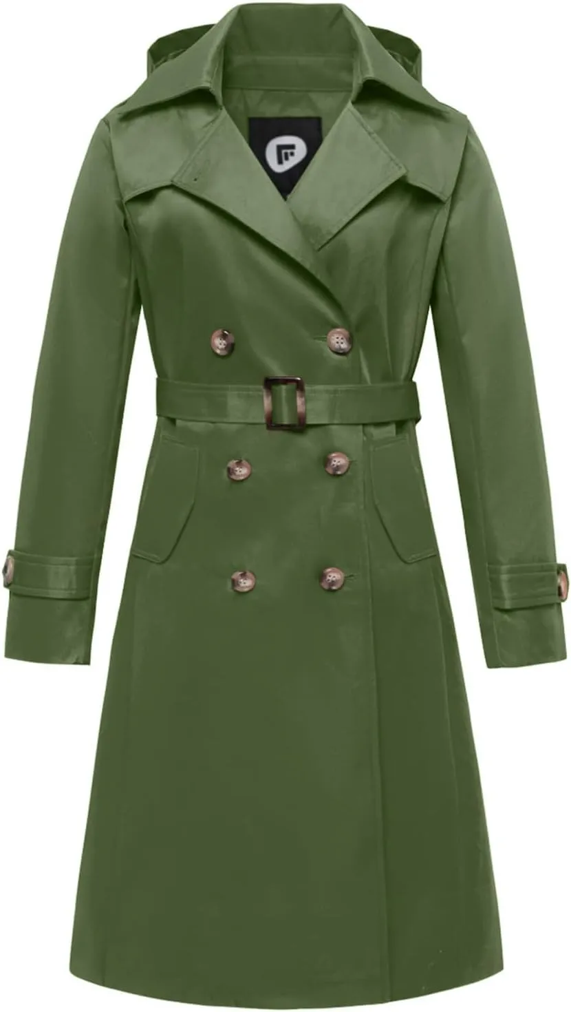 Women's Waterproof Long Trench Coat Double Breasted Length Classic Lapel Belt Coat With Removable Hood