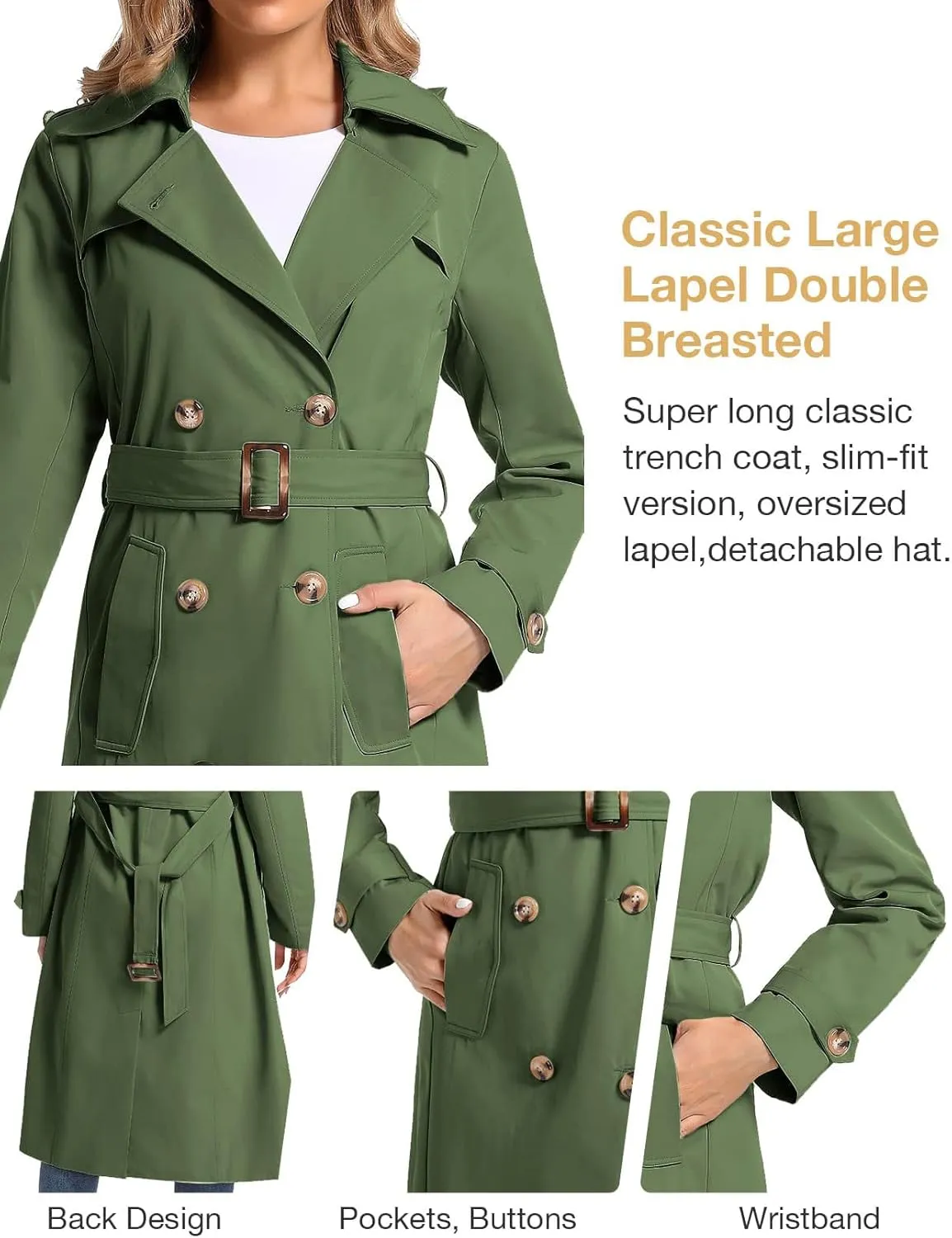 Women's Waterproof Long Trench Coat Double Breasted Length Classic Lapel Belt Coat With Removable Hood