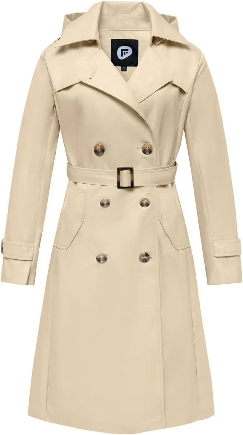 Women's Waterproof Long Trench Coat Double Breasted Length Classic Lapel Belt Coat With Removable Hood
