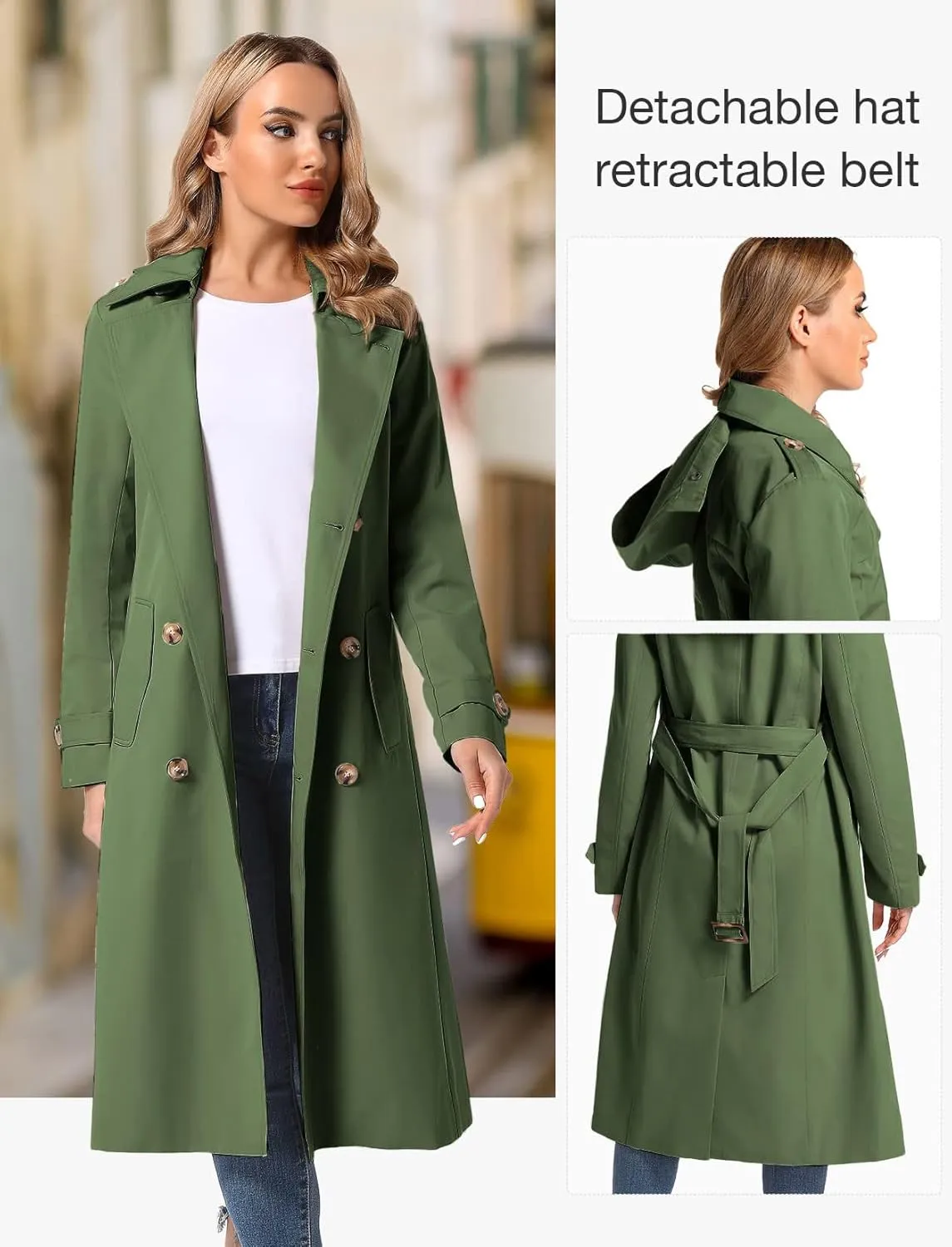 Women's Waterproof Long Trench Coat Double Breasted Length Classic Lapel Belt Coat With Removable Hood