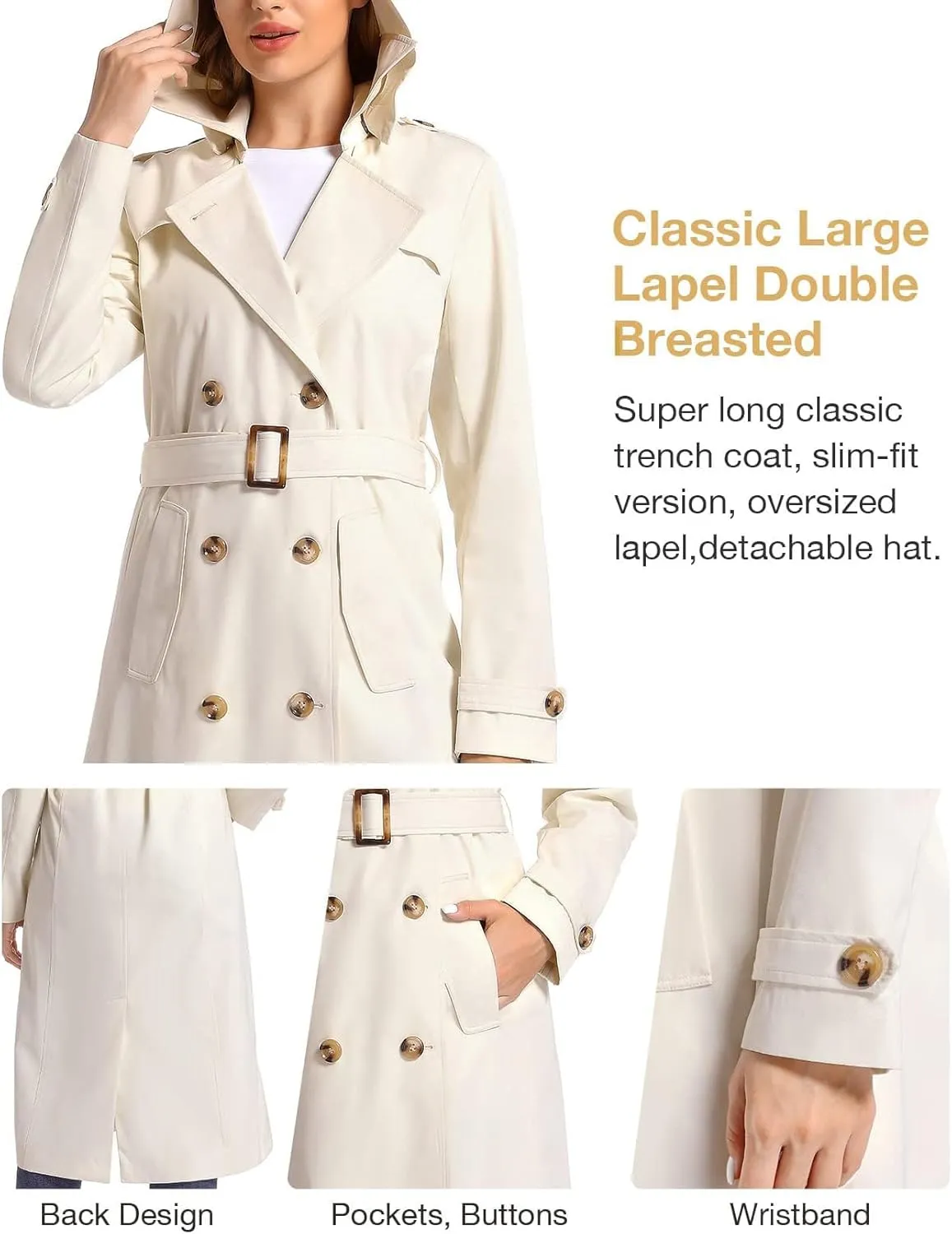 Women's Waterproof Long Trench Coat Double Breasted Length Classic Lapel Belt Coat With Removable Hood
