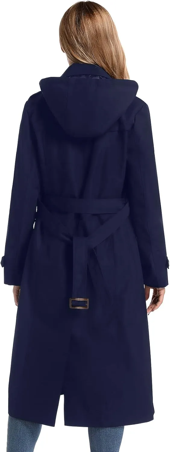 Women's Waterproof Long Trench Coat Double Breasted Length Classic Lapel Belt Coat With Removable Hood