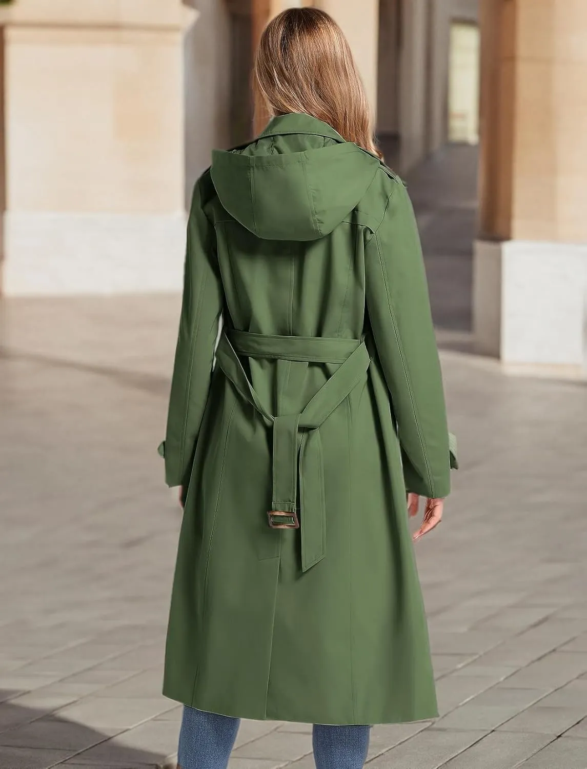 Women's Waterproof Long Trench Coat Double Breasted Length Classic Lapel Belt Coat With Removable Hood