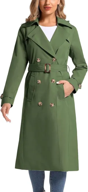 Women's Waterproof Long Trench Coat Double Breasted Length Classic Lapel Belt Coat With Removable Hood