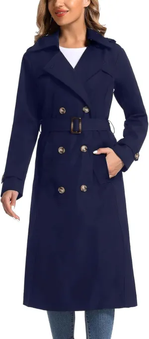 Women's Waterproof Long Trench Coat Double Breasted Length Classic Lapel Belt Coat With Removable Hood