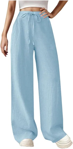 Womens Wide Leg Linen Pants Elastic Waist Casual Palazzo Pants Casual Drawstring Beach Lounge Trousers with Pockets