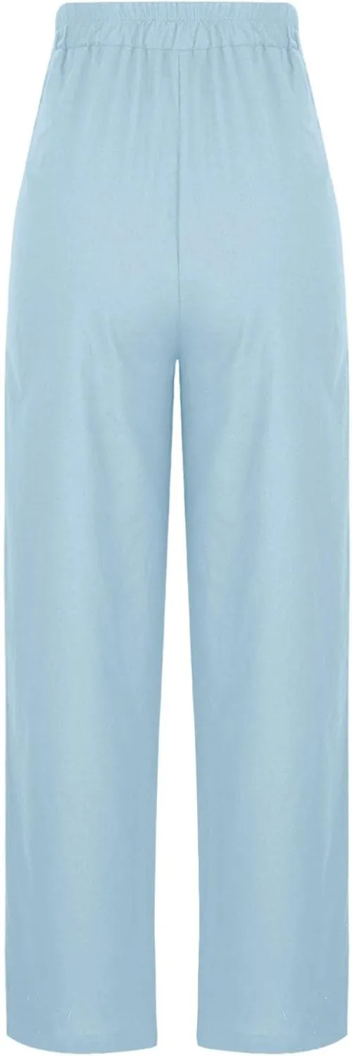 Womens Wide Leg Linen Pants Elastic Waist Casual Palazzo Pants Casual Drawstring Beach Lounge Trousers with Pockets
