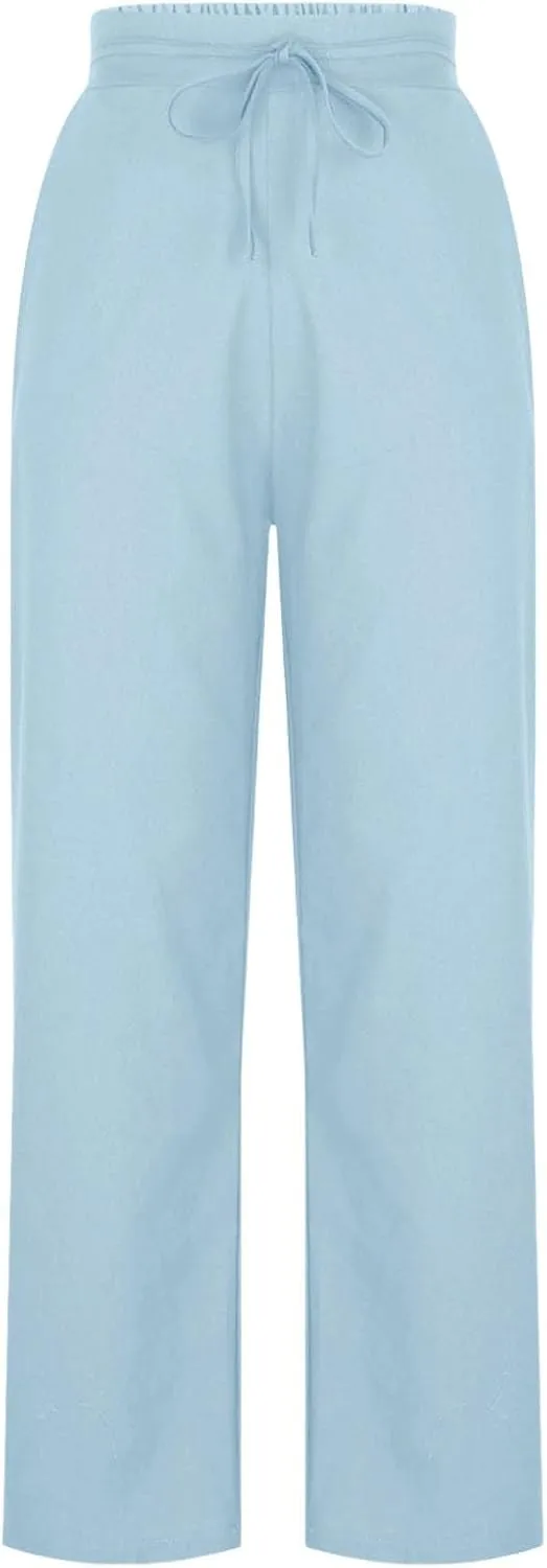 Womens Wide Leg Linen Pants Elastic Waist Casual Palazzo Pants Casual Drawstring Beach Lounge Trousers with Pockets