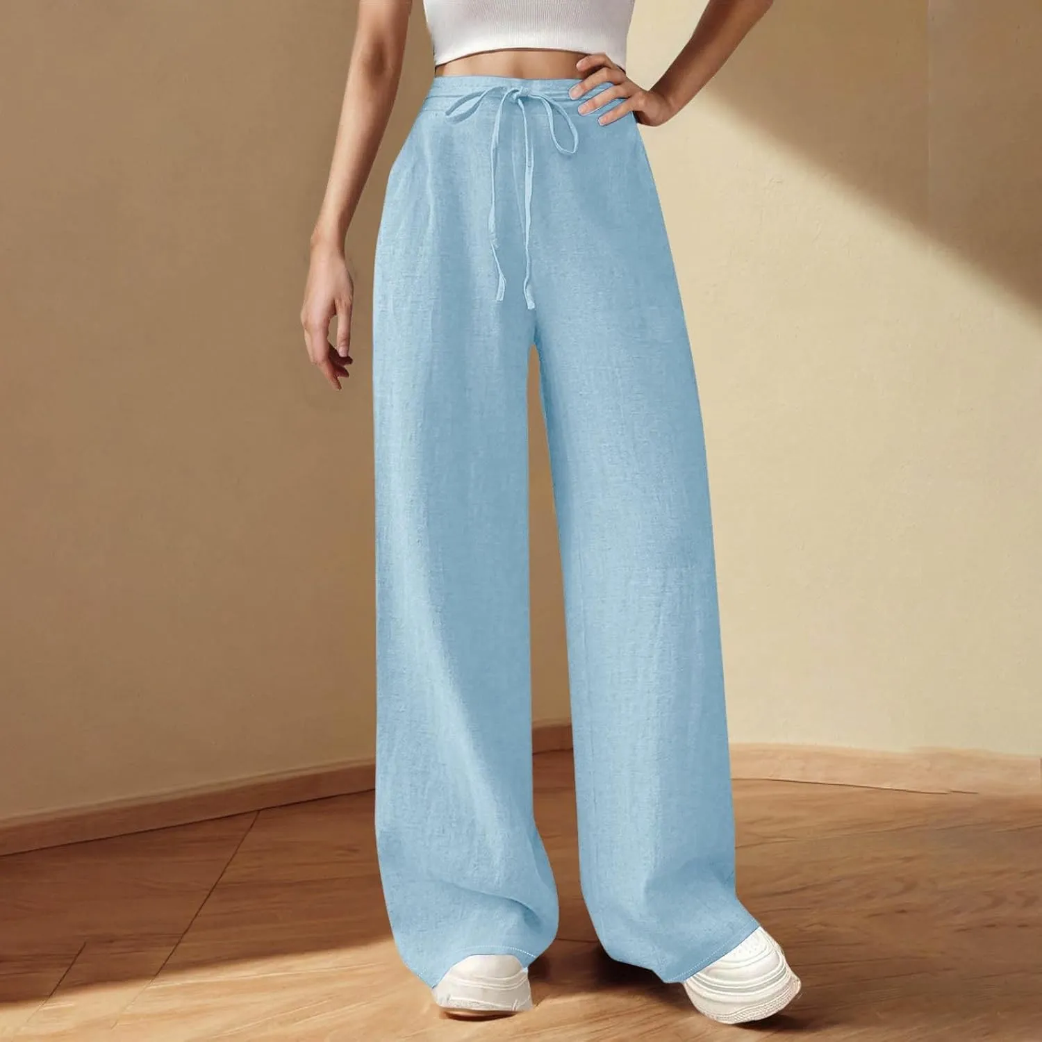 Womens Wide Leg Linen Pants Elastic Waist Casual Palazzo Pants Casual Drawstring Beach Lounge Trousers with Pockets