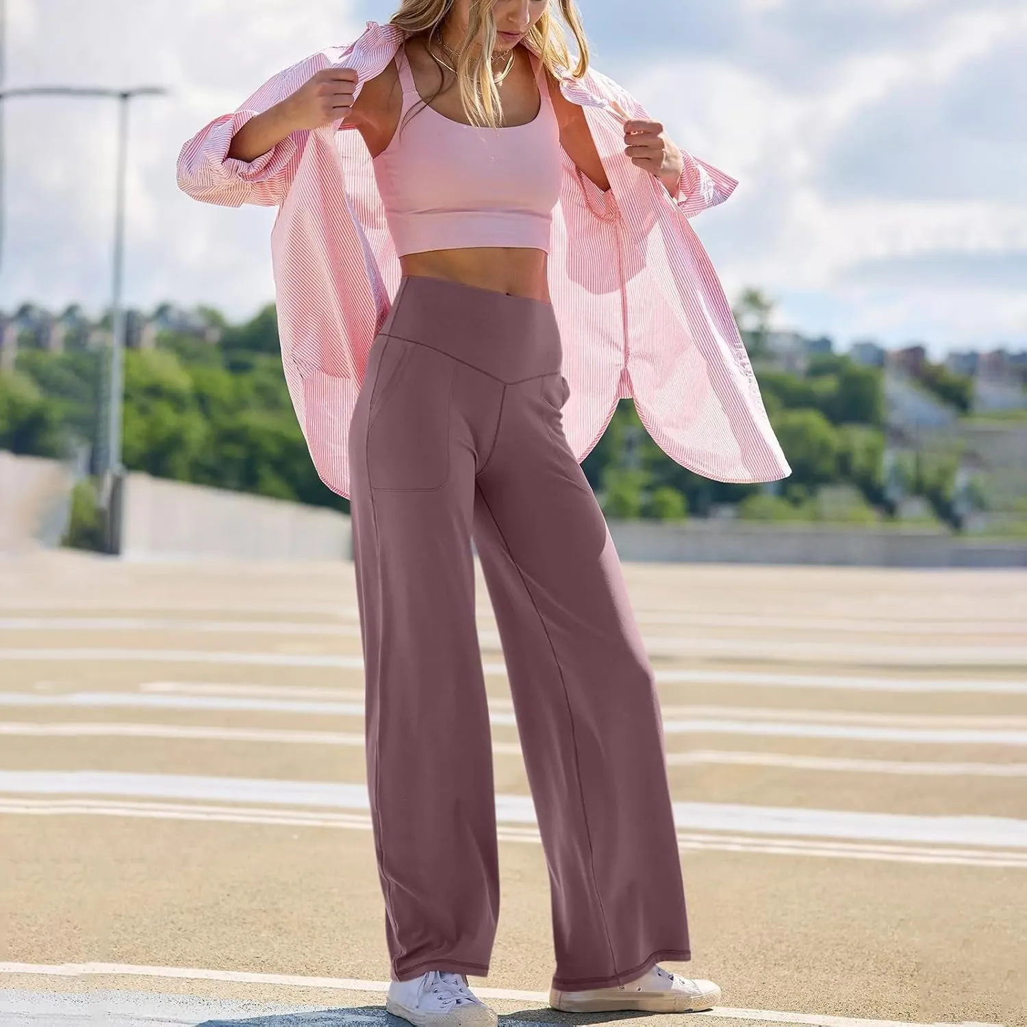 Women's Wide Leg Yoga Pants with Pockets High Waisted Tummy Control Stretch Athletic Workout Casual Flare Leggings