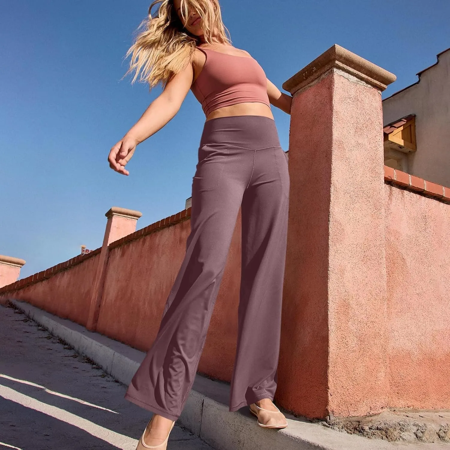 Women's Wide Leg Yoga Pants with Pockets High Waisted Tummy Control Stretch Athletic Workout Casual Flare Leggings