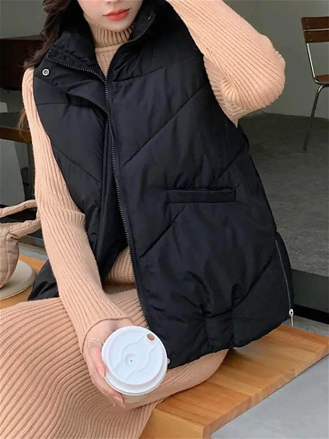 Women's Winter Vest Sleeveless Jackets Cotton Padded Down Vest Loose Warm Thick Zipper Waistcoat