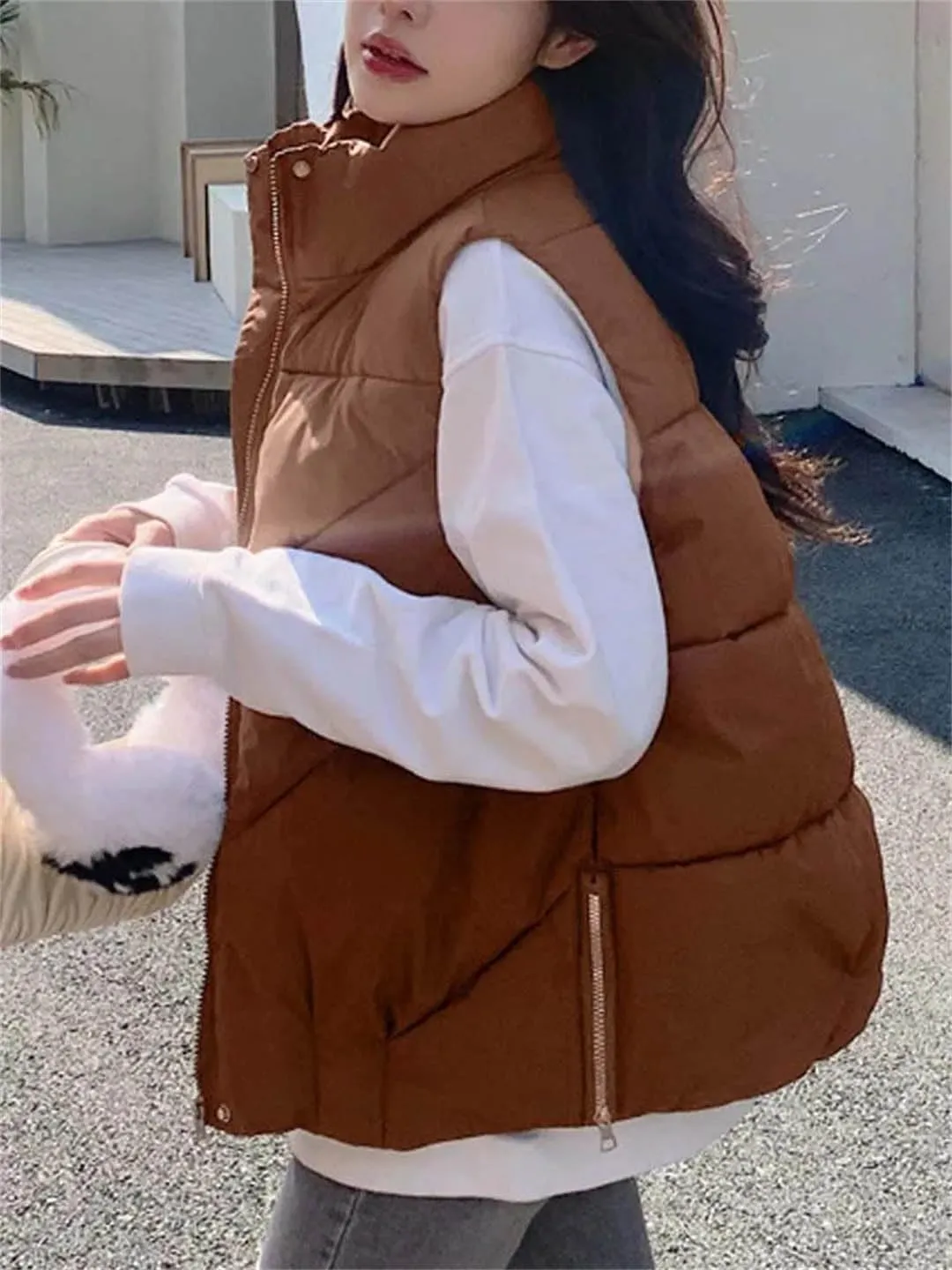 Women's Winter Vest Sleeveless Jackets Cotton Padded Down Vest Loose Warm Thick Zipper Waistcoat