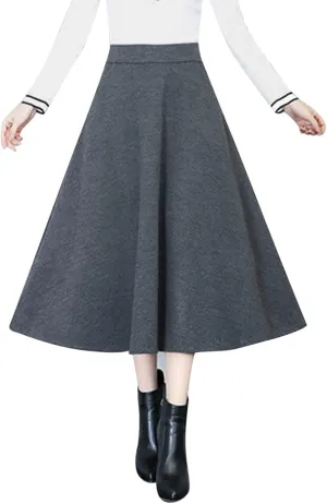 Womens Winter Vintage High Elastic Waist A Line Pleated Wool Midi Skirt Lady Skirt Long Lace Skirt (Grey, M)