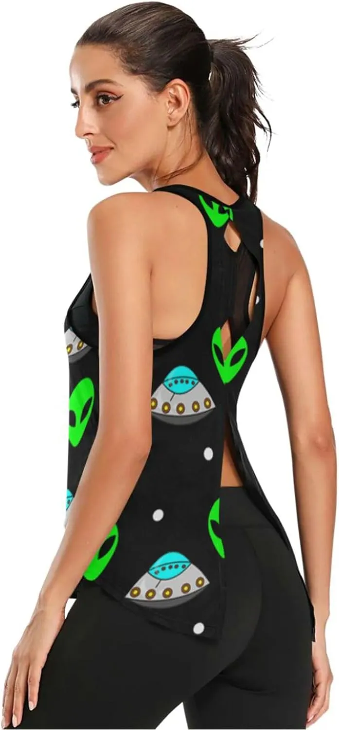 Women's Workout Tank Top Alien-UFO-Green Sleeveless Sport Gym Top Athletic Yoga Tank Top