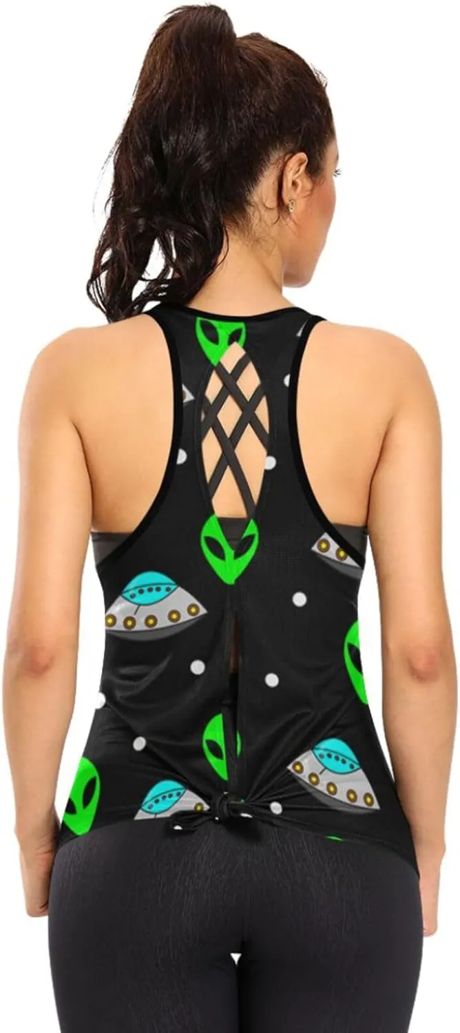 Women's Workout Tank Top Alien-UFO-Green Sleeveless Sport Gym Top Athletic Yoga Tank Top