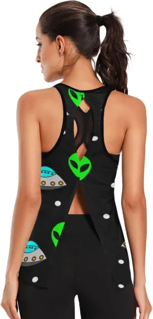 Women's Workout Tank Top Alien-UFO-Green Sleeveless Sport Gym Top Athletic Yoga Tank Top