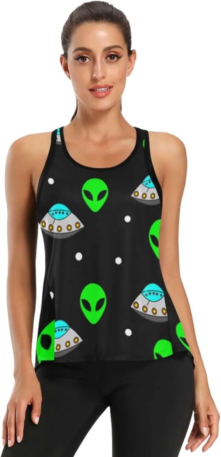 Women's Workout Tank Top Alien-UFO-Green Sleeveless Sport Gym Top Athletic Yoga Tank Top