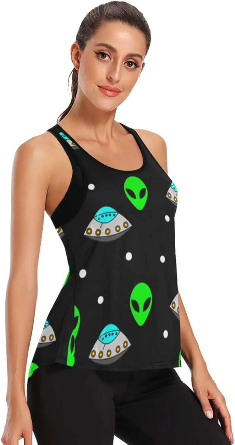 Women's Workout Tank Top Alien-UFO-Green Sleeveless Sport Gym Top Athletic Yoga Tank Top