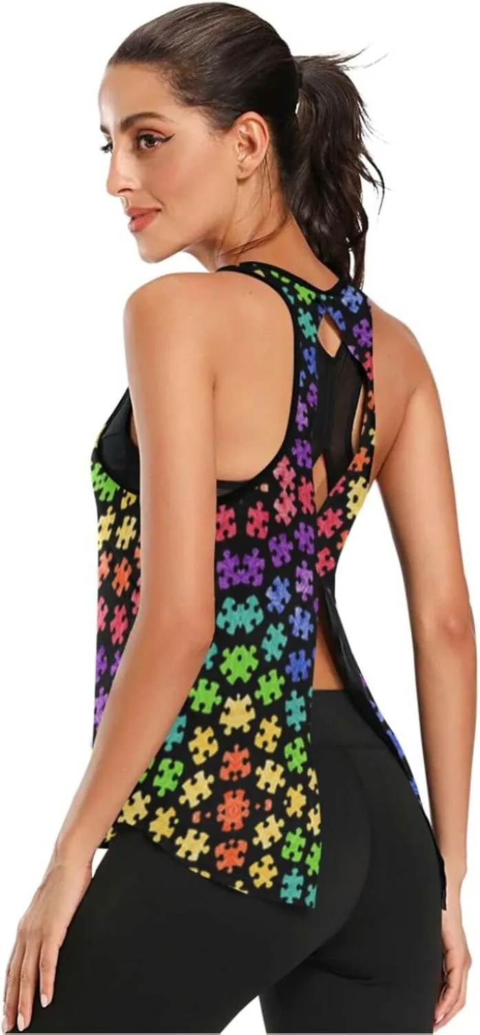 Women's Workout Tank Top Colorful-Autism-Awareness Sleeveless Sport Gym Top Athletic Yoga Tank Top