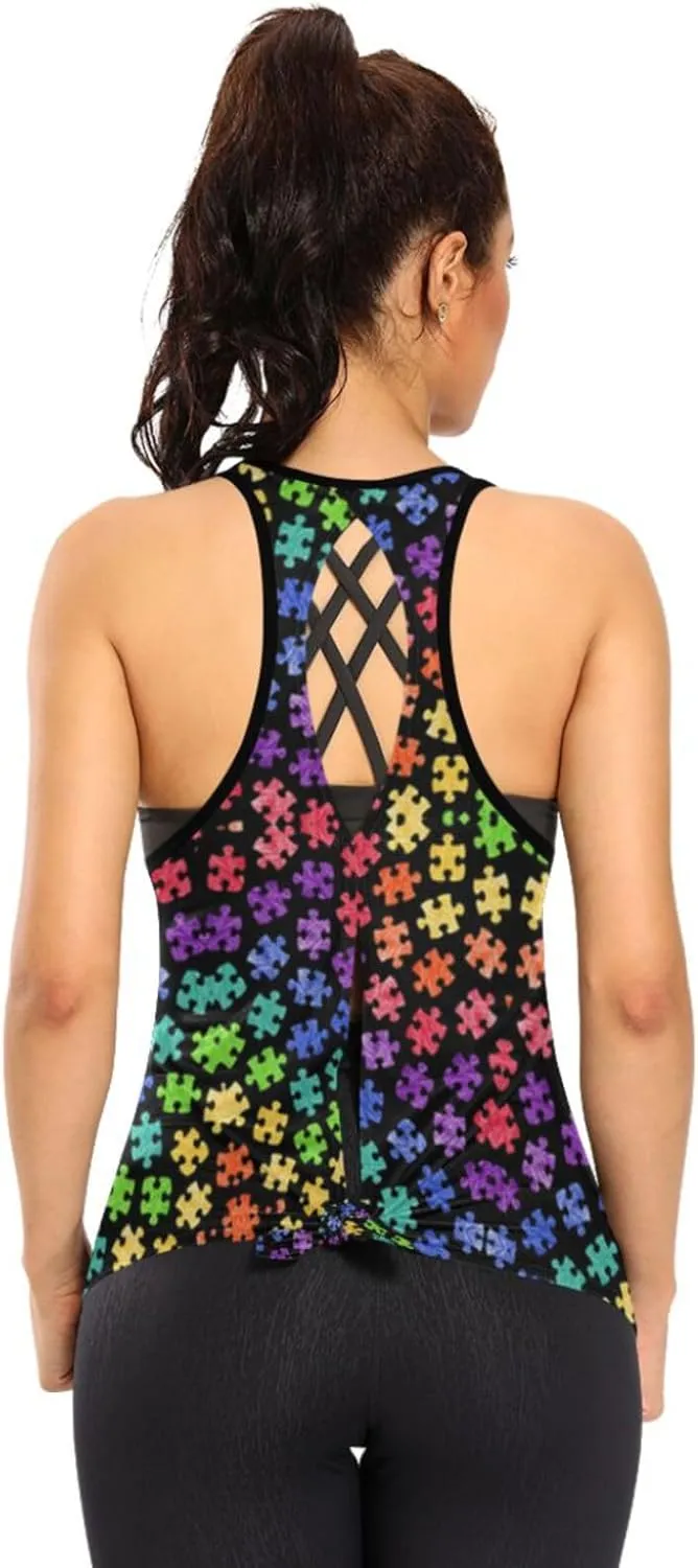 Women's Workout Tank Top Colorful-Autism-Awareness Sleeveless Sport Gym Top Athletic Yoga Tank Top