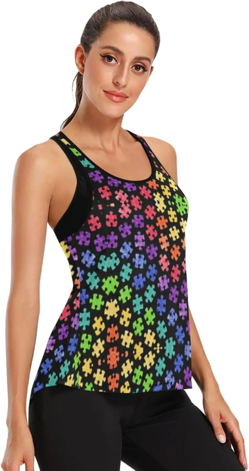 Women's Workout Tank Top Colorful-Autism-Awareness Sleeveless Sport Gym Top Athletic Yoga Tank Top