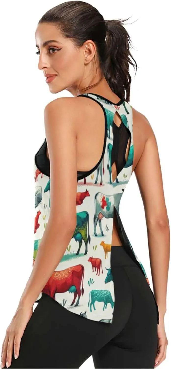 Women's Workout Tank Top Colorful-Cow-Funny Sleeveless Sport Gym Top Athletic Yoga Tank Top