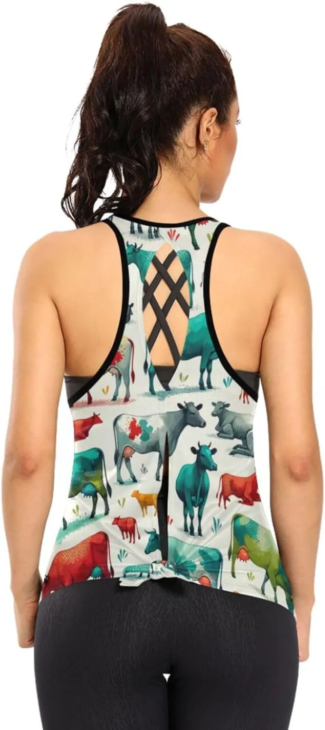 Women's Workout Tank Top Colorful-Cow-Funny Sleeveless Sport Gym Top Athletic Yoga Tank Top