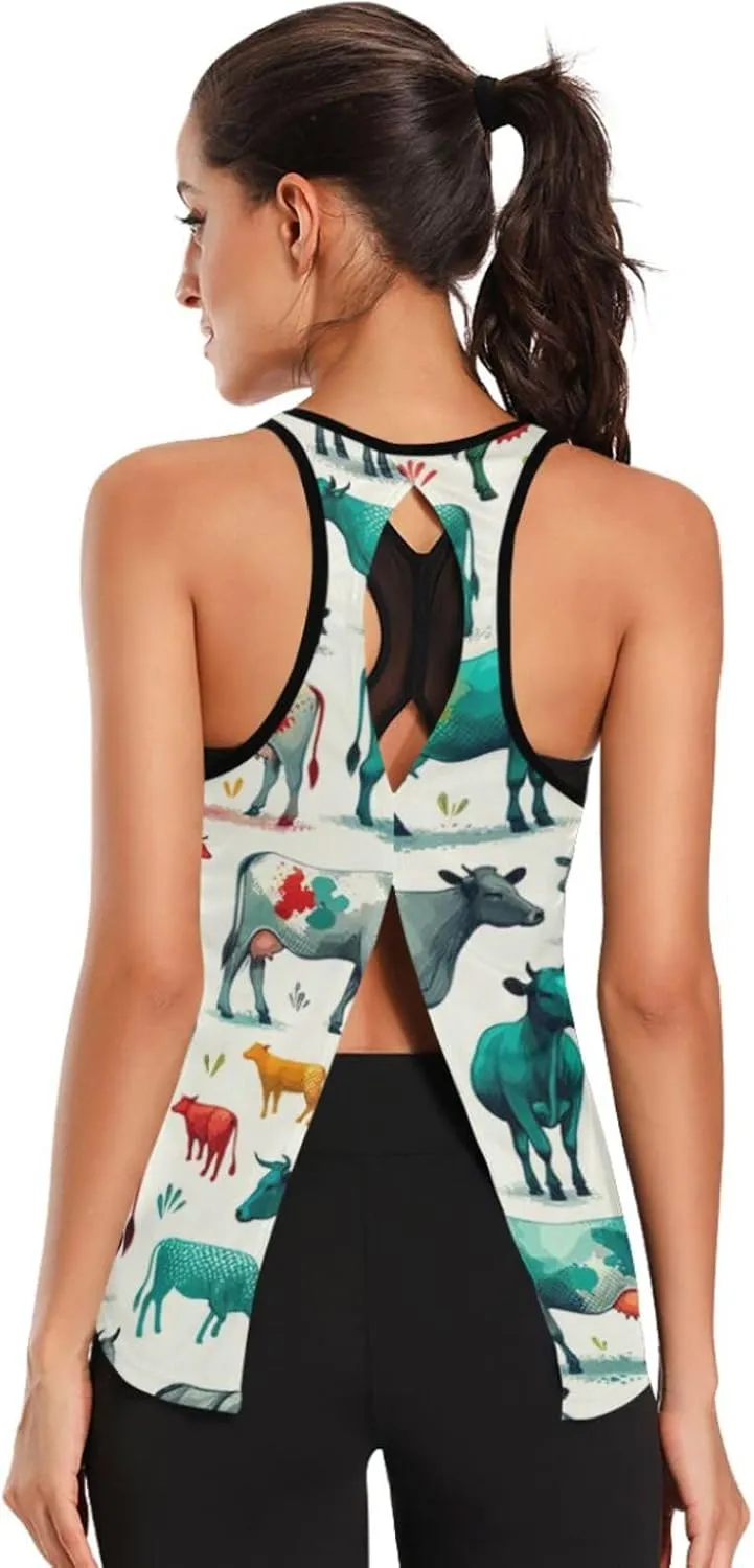 Women's Workout Tank Top Colorful-Cow-Funny Sleeveless Sport Gym Top Athletic Yoga Tank Top