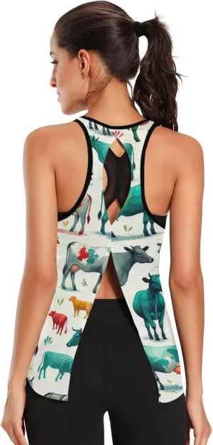 Women's Workout Tank Top Colorful-Cow-Funny Sleeveless Sport Gym Top Athletic Yoga Tank Top