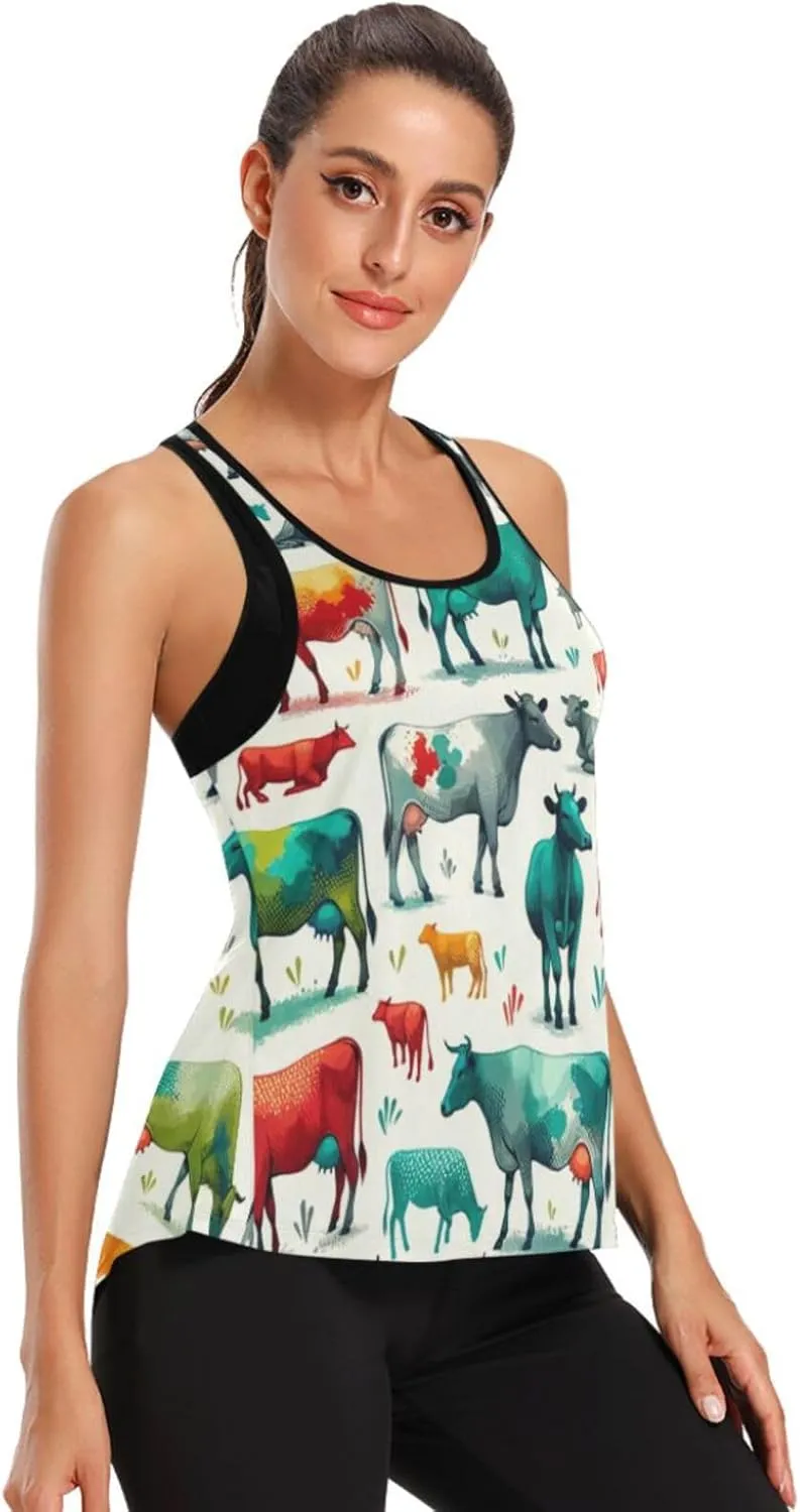 Women's Workout Tank Top Colorful-Cow-Funny Sleeveless Sport Gym Top Athletic Yoga Tank Top