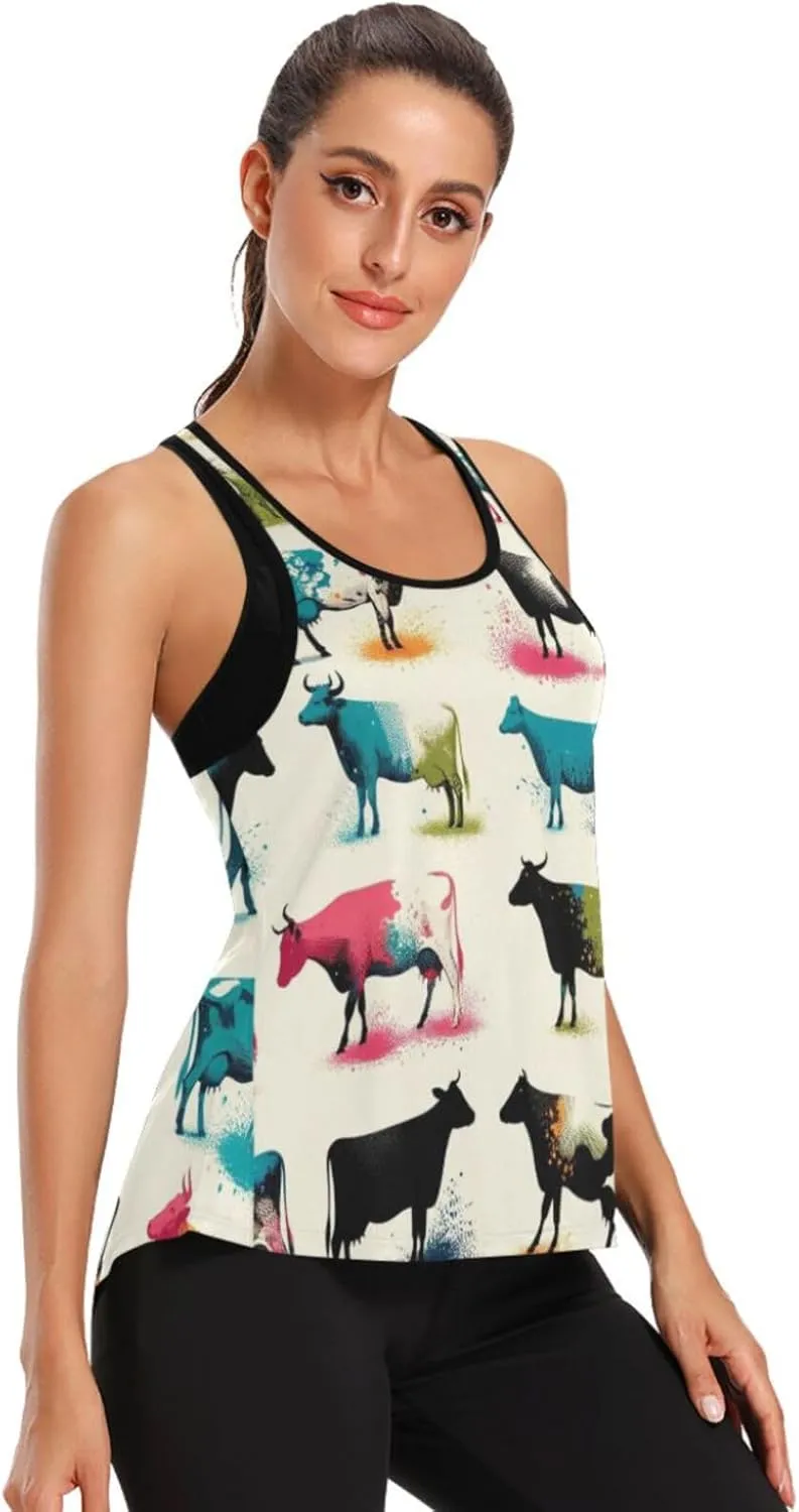 Women's Workout Tank Top Colorful-Cute-Cow Sleeveless Sport Gym Top Athletic Yoga Tank Top