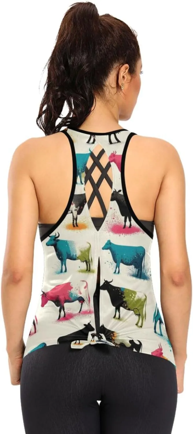 Women's Workout Tank Top Colorful-Cute-Cow Sleeveless Sport Gym Top Athletic Yoga Tank Top
