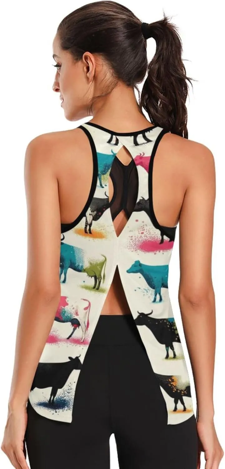 Women's Workout Tank Top Colorful-Cute-Cow Sleeveless Sport Gym Top Athletic Yoga Tank Top