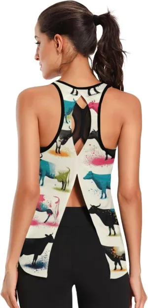 Women's Workout Tank Top Colorful-Cute-Cow Sleeveless Sport Gym Top Athletic Yoga Tank Top