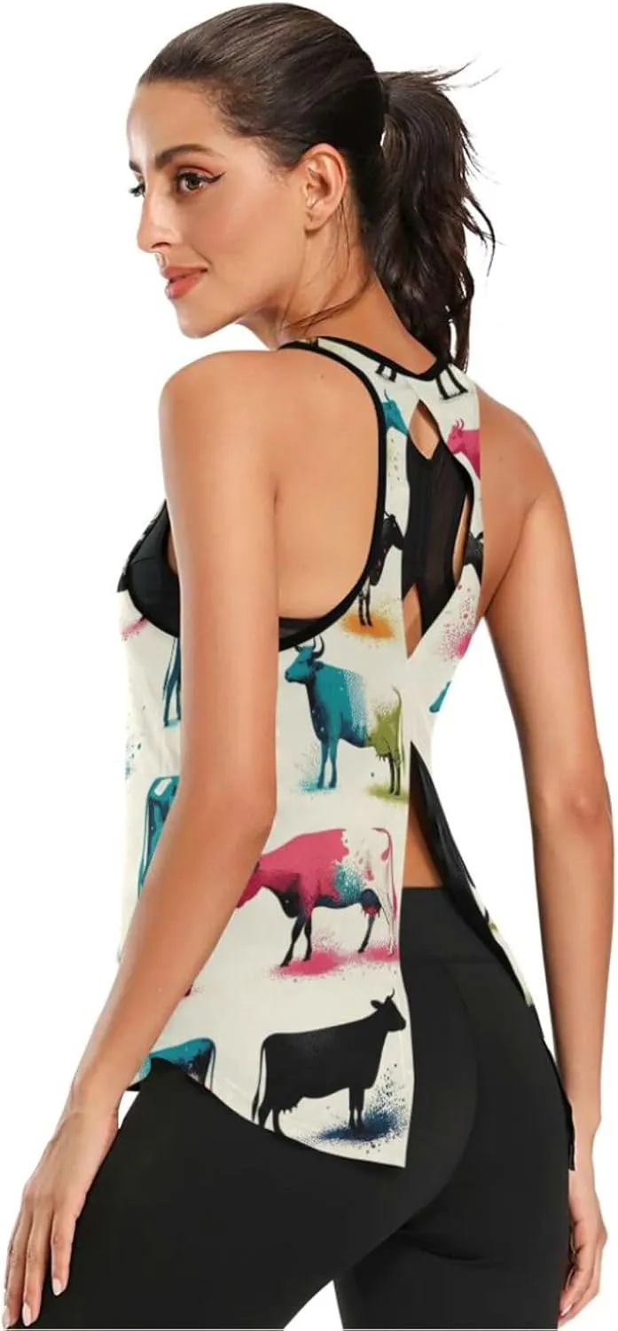 Women's Workout Tank Top Colorful-Cute-Cow Sleeveless Sport Gym Top Athletic Yoga Tank Top