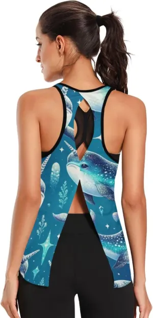 Women's Workout Tank Top Cute-narwhal-Blue Sleeveless Sport Gym Top Athletic Yoga Tank Top