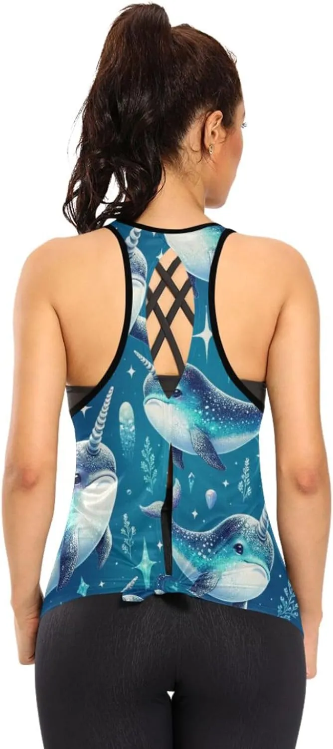Women's Workout Tank Top Cute-narwhal-Blue Sleeveless Sport Gym Top Athletic Yoga Tank Top