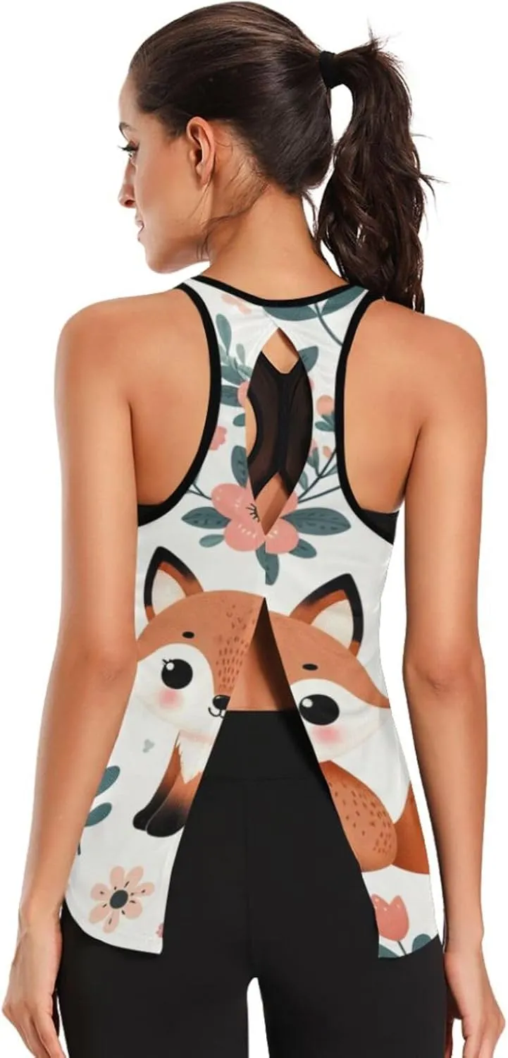 Women's Workout Tank Top Floral-Cute-Fox Sleeveless Sport Gym Top Athletic Yoga Tank Top