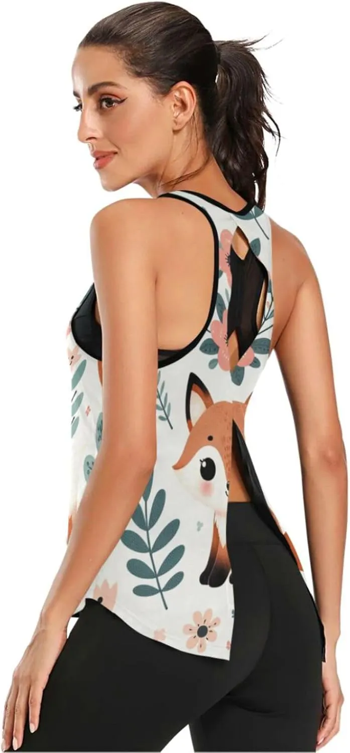Women's Workout Tank Top Floral-Cute-Fox Sleeveless Sport Gym Top Athletic Yoga Tank Top