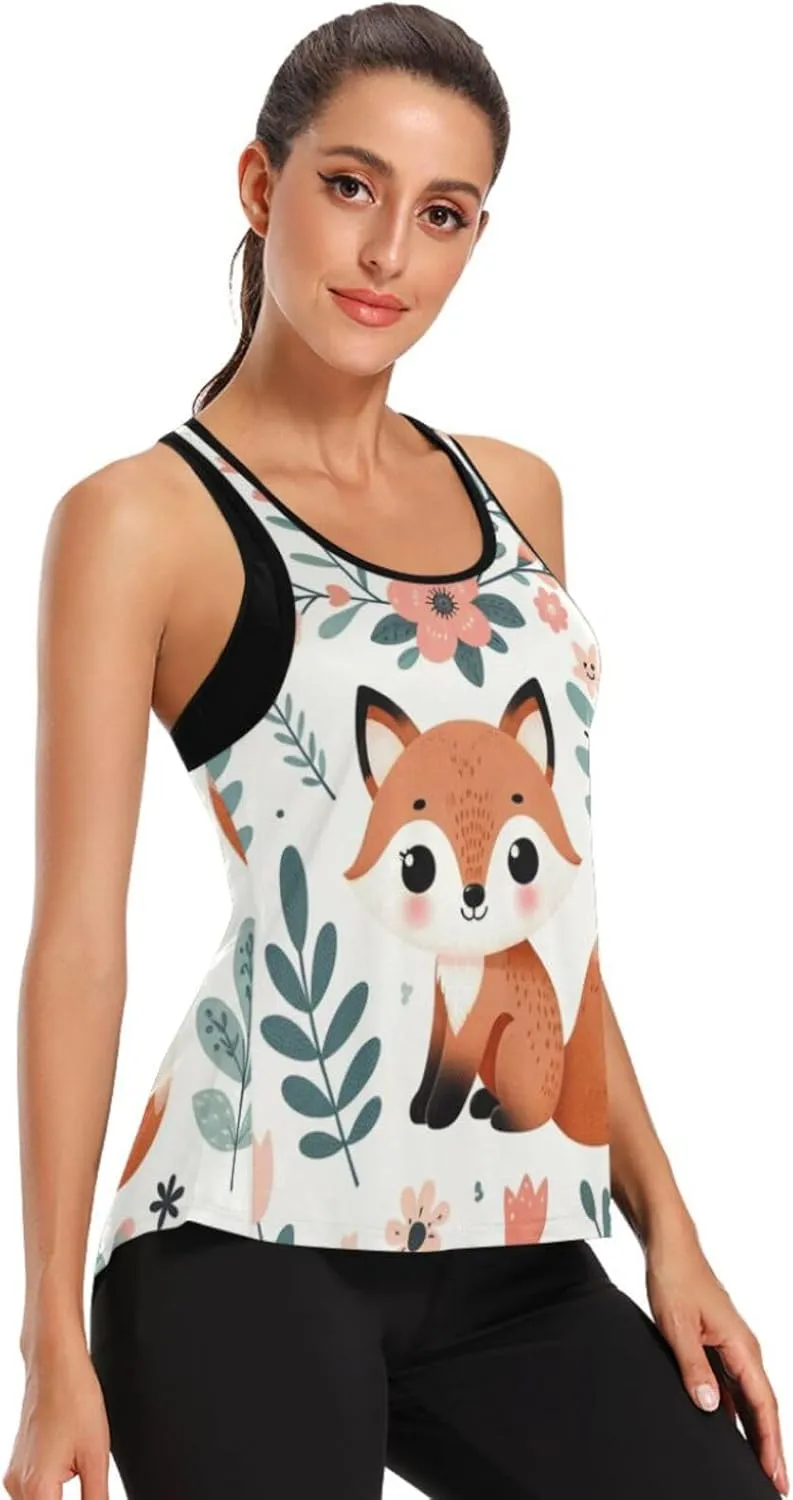 Women's Workout Tank Top Floral-Cute-Fox Sleeveless Sport Gym Top Athletic Yoga Tank Top
