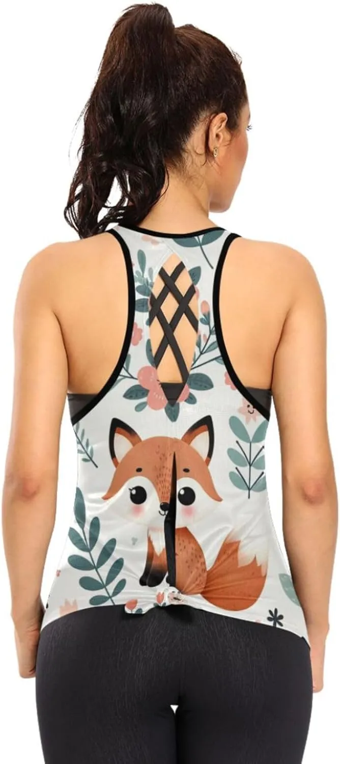Women's Workout Tank Top Floral-Cute-Fox Sleeveless Sport Gym Top Athletic Yoga Tank Top