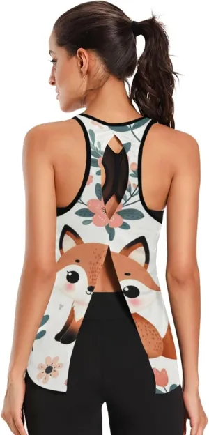 Women's Workout Tank Top Floral-Cute-Fox Sleeveless Sport Gym Top Athletic Yoga Tank Top