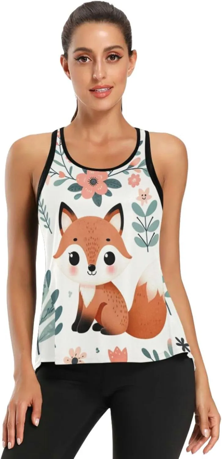 Women's Workout Tank Top Floral-Cute-Fox Sleeveless Sport Gym Top Athletic Yoga Tank Top