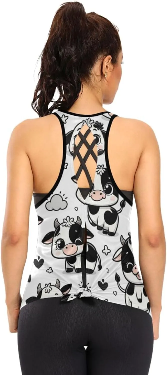 Women's Workout Tank Top Funny-Cow-Cartoon Sleeveless Sport Gym Top Athletic Yoga Tank Top