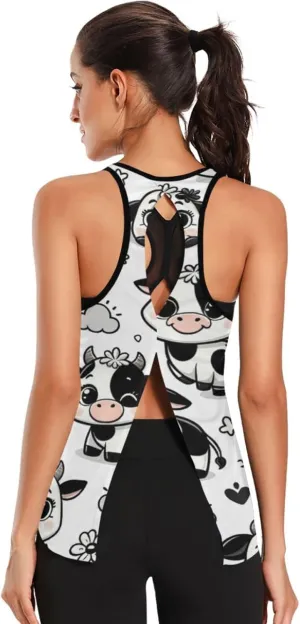 Women's Workout Tank Top Funny-Cow-Cartoon Sleeveless Sport Gym Top Athletic Yoga Tank Top