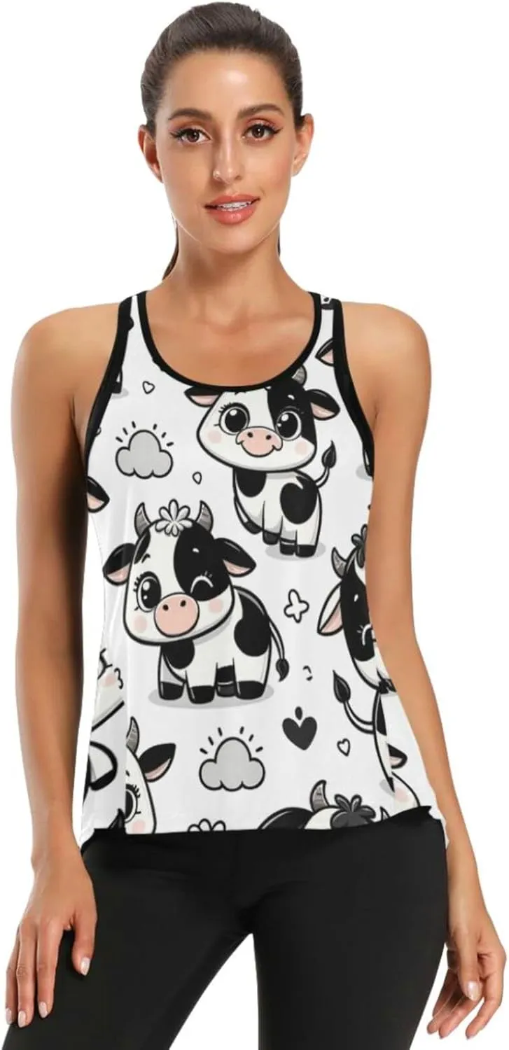 Women's Workout Tank Top Funny-Cow-Cartoon Sleeveless Sport Gym Top Athletic Yoga Tank Top