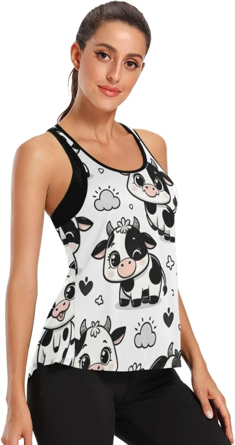 Women's Workout Tank Top Funny-Cow-Cartoon Sleeveless Sport Gym Top Athletic Yoga Tank Top